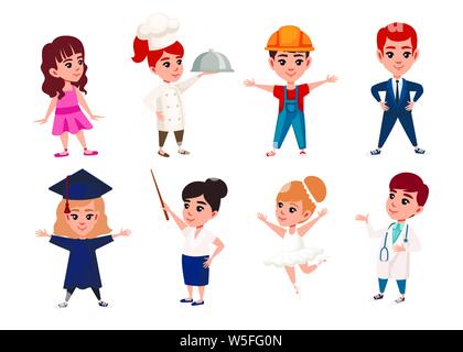 Satz von Jungen und Mädchen Kind tragen Kostüme verschiedener Berufe Cartoon Character Design flachbild Vector Illustration auf weißem Hintergrund. Stock Vektor