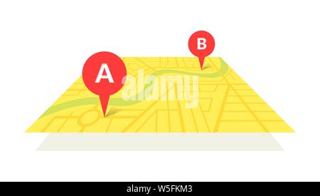 Stadtplan mit GPS-Pins und Navigationsroute von A nach B-Punktmarkierungen. Vektor gelbe Farbe perspektivische Ansicht isometrische Illustration Position Schema Stock Vektor