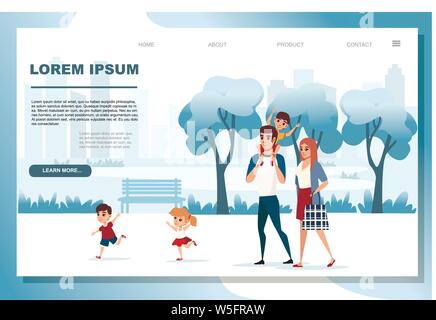 Happy Family Wanderungen rund um den modernen, urbanen City Park in Abstrakte blaue Farbe flach Vektor-illustration horizontale Banner Design Web site Seite gemalt. Stock Vektor