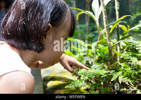 Asiatische kleinen chinesischen Mädchen beobachten Gras im Garten Stockfoto