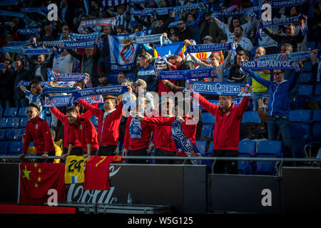 Fußballfans halten das Transparent Unterstützung für RCD Espanyol gegen FC Sevilla während ihrer 28. Runde der Liga Saison 2018-2019 bei RCD zu zeigen Stockfoto