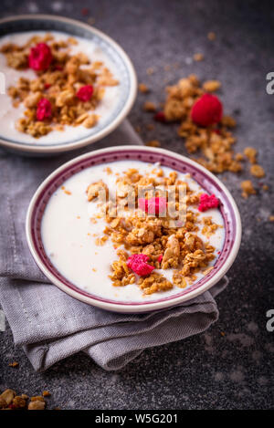 Müsli mit Joghurt und getrocknete Himbeeren Stockfoto