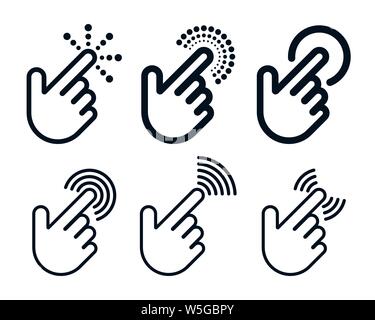 Klicken Sie auf die Symbole mit den Händen auf weißen Hintergrund. Finger drücken von Tasten. Tippen Sie auf die Symbole Design. Stock Vektor
