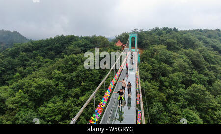 Shaanxi, China. 27. Juli, 2019. Luftbild am 27. Juli, 2019 zeigt einen gläsernen Verbindungsgang malerischen Ort an der Quelle des Flusses hanjiang in Ningqiang, Provinz Shaanxi. Die gläsernen Verbindungsgang ist 188 Meter lang, 88 Meter hoch und 2,88 Meter breit. Besucher Spaziergang entlang der Promenade mit Glasboden, der aussieht wie ein Spaziergang in den Clouds. Credit: SIPA Asien/ZUMA Draht/Alamy leben Nachrichten Stockfoto