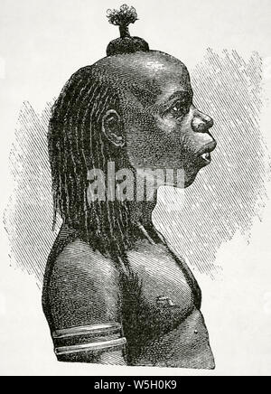 Afrika. Manyema indigenen, kriegerischen Bantu. Gravur. Afrika inexplorada, el Continente Misterioso von Henry Morton Stanley, C. 1887. Stockfoto