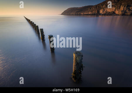Buhnen, Brean Strand, mit Brean in weitem Abstand, Somerset, England, Vereinigtes Königreich, Europa Stockfoto