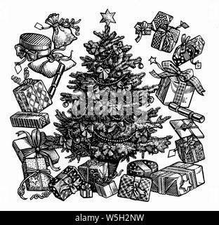 Schwarze und weiße scraperboard Gravur von geschmückten Weihnachtsbaum durch präsentiert umgeben Stockfoto