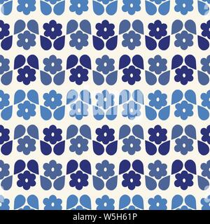 Nahtlose Muster wiederholen von Stilisierten indigo blaue Blüten und Blätter in einem geometrischen Muster. Ein modernes floral vektor design. Stock Vektor