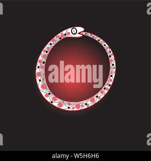 Schlange, die sich in den Schwanz beißt auf dunklem Hintergrund. Das Zeichen für die Unendlichkeit des Lebens. Stock Vektor