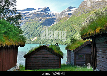 Norwegische Hütten mit Gras auf den Dächern Stockfoto