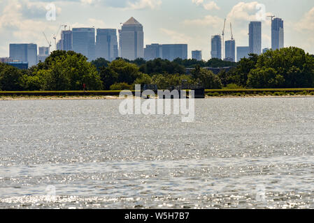 Walthamstow Feuchtgebiete, London, UK. 29. Juli, 2019. Canary Wharf aus Walthamstow Feuchtgebiete gesehen. Quelle: Matthew Chattle/Alamy leben Nachrichten Stockfoto