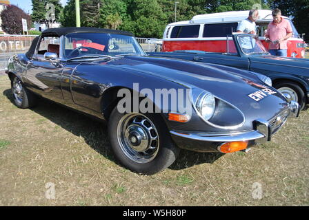 Ein 1973 Jaguar E-Type V12 bis auf Anzeige an der Riviera Classic Car Show, Torquay, Devon, England geparkt. UK. Stockfoto