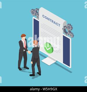 Wohnung 3 d isometrische Geschäftsleute zitternden Hand mit online Vertrags Dokument auf PC-Monitor. On-line-Geschäft. Stock Vektor
