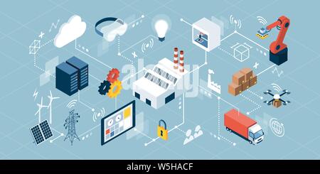 Industrie Internet der Dinge, innovative Fertigungs- und smart Branche: isometrische Netzwerk von Konzepten Stock Vektor