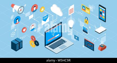 Internet, Kommunikation, Social Media und Datenübertragung; isometrische Netzwerk von Konzepten Stock Vektor