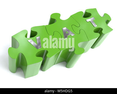 3D-Render von grün Puzzleteile mit Metall MWST. Wort auf Weiß Stockfoto