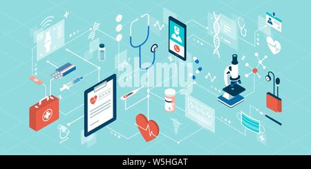 Telemedizin, medizinische Behandlung und online Dienstleistungen im Gesundheitswesen, isometrische Netzwerk von Konzepten Stock Vektor