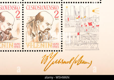 Tschechoslowakische Briefmarken mini Blatt (1985): 115. Jahrestag der Geburt von Lenin Wladimir Iljitsch Uljanov (1870-1924) Stockfoto