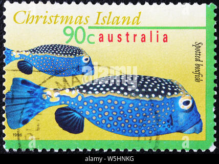 Zwei tropische Fische auf Briefmarke der Weihnachtsinsel Stockfoto