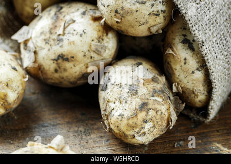 Frische Kartoffeln in einem alten Sack auf Holz- Hintergrund. Ansicht von oben Stockfoto