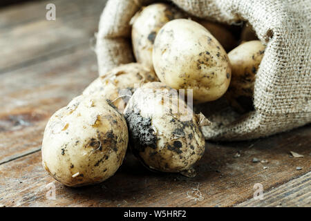 Frische Kartoffeln in einem alten Sack auf Holz- Hintergrund. Ansicht von oben Stockfoto