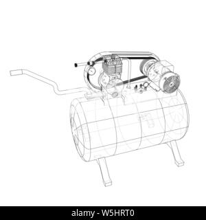 Umrisse Luftkompressor. Vektor Rendering von 3d. Wire-frame Stil. Die Schichten des sichtbaren und unsichtbaren Linien getrennt sind Stock Vektor