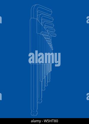 Eingestellt von Hexagon tools. Vektor Rendering von 3d. Wire-frame Stil. Die Schichten des sichtbaren und unsichtbaren Linien getrennt sind Stock Vektor