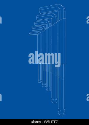 Eingestellt von Hexagon tools. Vektor Rendering von 3d. Wire-frame Stil. Die Schichten des sichtbaren und unsichtbaren Linien getrennt sind Stock Vektor