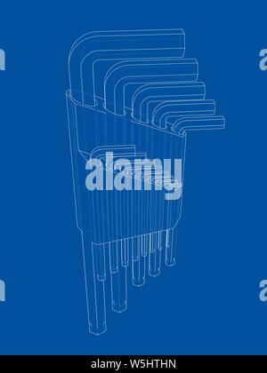 Eingestellt von Hexagon tools. Vektor Rendering von 3d. Wire-frame Stil. Die Schichten des sichtbaren und unsichtbaren Linien getrennt sind Stock Vektor