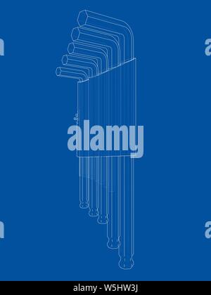 Eingestellt von Hexagon tools. Vektor Rendering von 3d. Wire-frame Stil. Die Schichten des sichtbaren und unsichtbaren Linien getrennt sind Stock Vektor