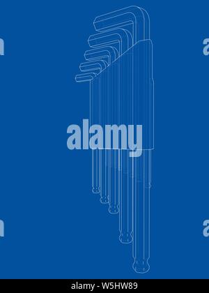 Eingestellt von Hexagon tools. Vektor Rendering von 3d. Wire-frame Stil. Die Schichten des sichtbaren und unsichtbaren Linien getrennt sind Stock Vektor