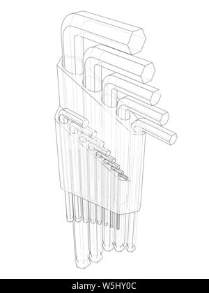 Eingestellt von Hexagon tools. Vektor Rendering von 3d. Wire-frame Stil. Die Schichten des sichtbaren und unsichtbaren Linien getrennt sind Stock Vektor