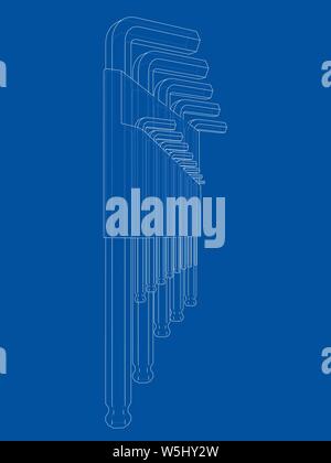 Eingestellt von Hexagon tools. Vektor Rendering von 3d. Wire-frame Stil. Die Schichten des sichtbaren und unsichtbaren Linien getrennt sind Stock Vektor