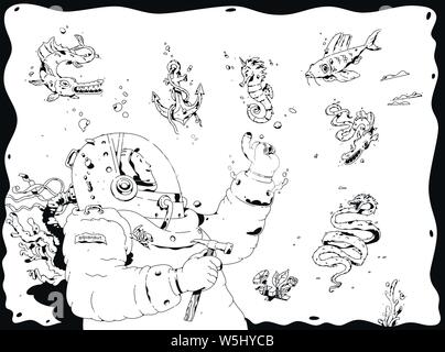 Abbildung: ein Taucher, Aquanaut. Vektor. Der Explorer von den Tiefen des Ozeans von marine Bewohner umgeben. Umrisse Cartoon, Schwarz und Weiß. Stock Vektor