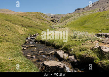 Sierra Nevada, Arroyo San Juan, Wasserstrahl in der Sommersaison. Bei 2500 m altutude, Granada, Andalusien, Spanien. Stockfoto