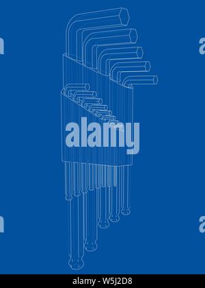 Eingestellt von Hexagon tools. Vektor Rendering von 3d. Wire-frame Stil. Die Schichten des sichtbaren und unsichtbaren Linien getrennt sind Stock Vektor