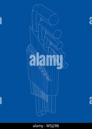 Eingestellt von Hexagon tools. Vektor Rendering von 3d. Wire-frame Stil. Die Schichten des sichtbaren und unsichtbaren Linien getrennt sind Stock Vektor