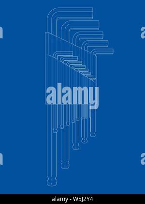 Eingestellt von Hexagon tools. Vektor Rendering von 3d. Wire-frame Stil. Die Schichten des sichtbaren und unsichtbaren Linien getrennt sind Stock Vektor