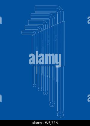 Eingestellt von Hexagon tools. Vektor Rendering von 3d. Wire-frame Stil. Die Schichten des sichtbaren und unsichtbaren Linien getrennt sind Stock Vektor