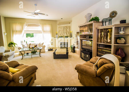 Modernes Wohnzimmer mit Kamin und Entertainment Center Stockfoto