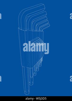Eingestellt von Hexagon tools. Vektor Rendering von 3d. Wire-frame Stil. Die Schichten des sichtbaren und unsichtbaren Linien getrennt sind Stock Vektor