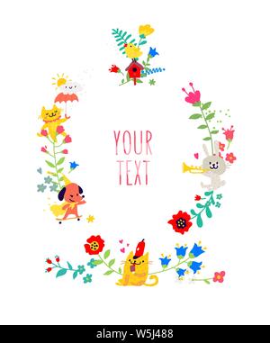 Gezeichnete Tiere und floralen Elementen. Vektor. Tiere spielen unter den Blumen. Kinder Cartoon, doodle Stil. Abbildung für Kindergarten oder Club. Sommer Stock Vektor