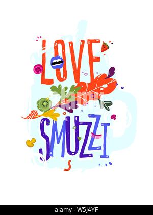 Abbildung: mit Liebe smoothie Inschrift. Vektor. Ein Fehler im Wort ist absichtlich gemacht. Ein Wortspiel. Muster von Eco Produkte. Bild fo Stock Vektor