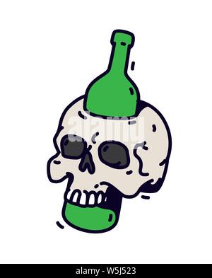 Abbildung: ein Schädel mit einer Flasche. Vektor. Eine grüne Flasche durchstößt einen Totenkopf. Motivierende Inschrift nicht zu trinken. Alkohol ist der Tod. Stock Vektor