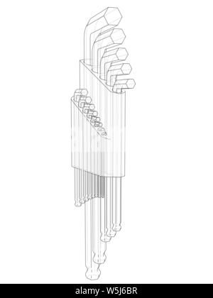 Eingestellt von Hexagon tools. Vektor Rendering von 3d. Wire-frame Stil. Die Schichten des sichtbaren und unsichtbaren Linien getrennt sind Stock Vektor