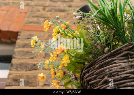 In der Nähe der Straße hängenden Blumenkorb im townhouse Wand Stockfoto