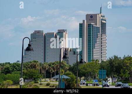 Orlando, Florida. Juli 05, 2019 Panoramablick auf das Hyatt Regency Hotel von Universal Boulervard 1. Stockfoto