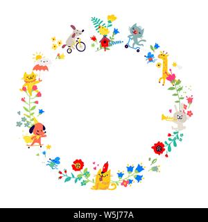Abbildungen in der Form einer runden Kranz. Vektor. Tiere spielen Kinder unter den Blumen. Kinder Cartoon, doodle Stil. Kindergarten. Verkehr Stock Vektor