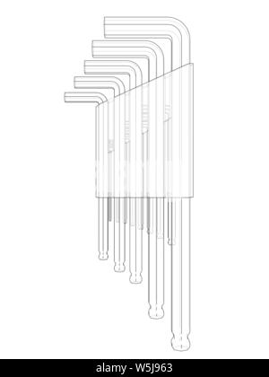 Eingestellt von Hexagon tools. Vektor Rendering von 3d. Wire-frame Stil. Die Schichten des sichtbaren und unsichtbaren Linien getrennt sind Stock Vektor