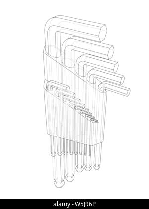 Eingestellt von Hexagon tools. Vektor Rendering von 3d. Wire-frame Stil. Die Schichten des sichtbaren und unsichtbaren Linien getrennt sind Stock Vektor